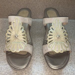 NAOT slip on wedge sandal with appliqué & bling taupe/Goldish color Sz 42